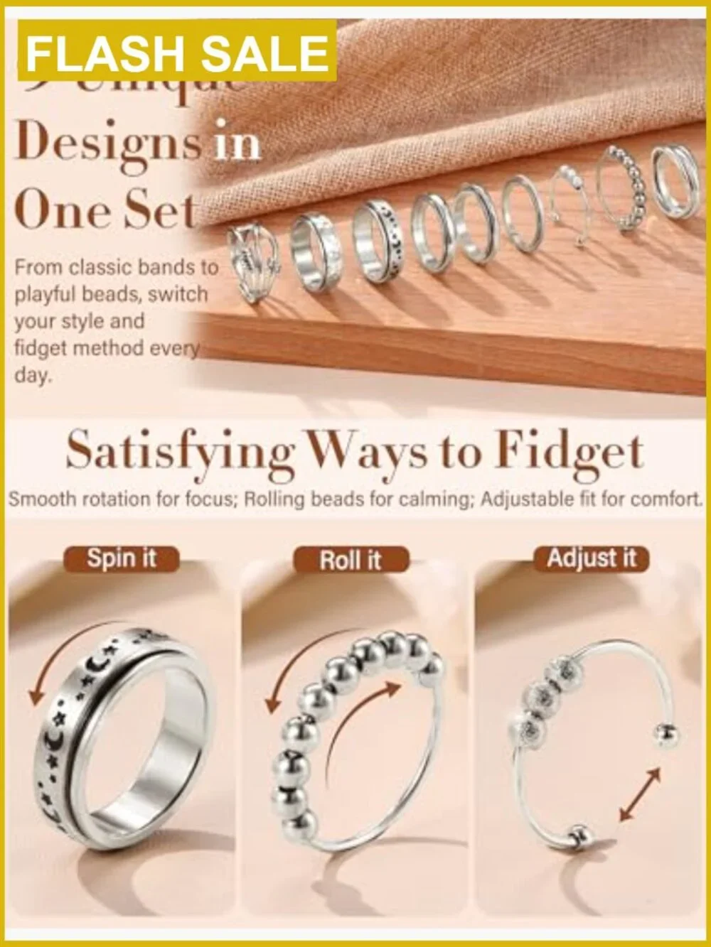 9 Pack Fidget Rings Set Anxiety Relief Stress Rings Stackable Adjustable